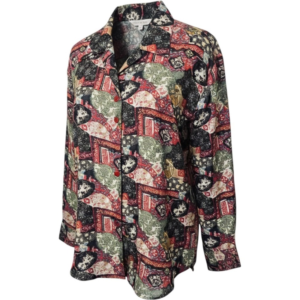 Christie & Jill Silk Patchwork Button Down Shirt Abstract Blouse Large